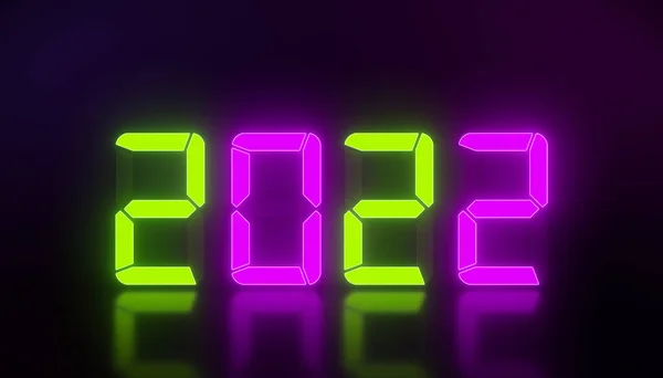 Illustration Led Display Green Magenta New Year 2022 Reflective Floor — Stock Photo, Image