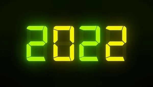 2022 Yılının Koyu Arka Planında Yeşil Sarı Renkli Led Gösterimi — Stok fotoğraf