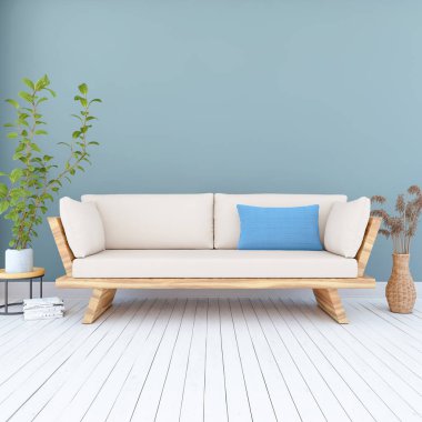 Kanepe ve deniz dekorasyonlu İskandinav oturma odası.