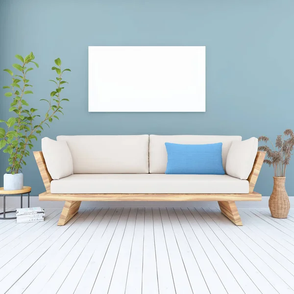 Weergave Van Een Scandinavische Woonkamer Met Sofa Maritieme Decoratie — Stockfoto