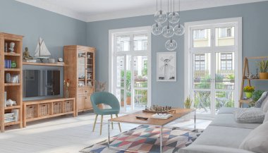 3D İskandinav, İskandinav, İskandinav, rahat bir oturma odası kanepe, masa ve mobilya - daire - daire -