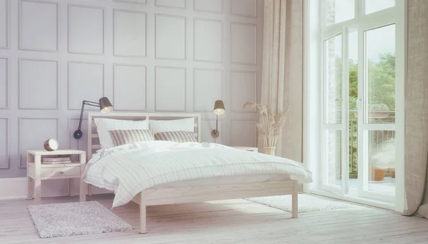 ベッド付きの北欧 北欧のベッドルームの3Dレンダリング 休日のアパート レトロな外観 — ストック写真
