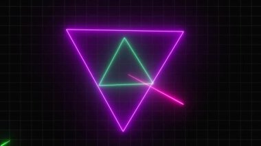 Gökkuşağı renklerinde parlayan neon üçgenlerin ve çizgilerin video animasyonu - kusursuz döngü - soyut arkaplan