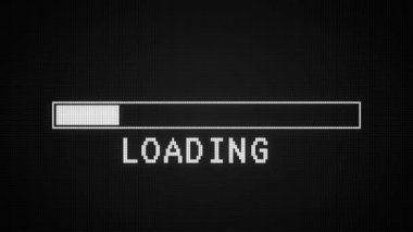 Pikselleştirilmiş bir yükleme çubuğunun video animasyonu ve koyu arkaplanda yüklenen ileti - pürüzsüz döngü - soyut arkaplan