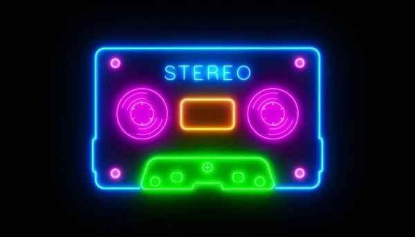 Illustrazione Una Audiocassetta Neon Retrò Sfondo Scuro Sfondo Astratto — Foto Stock