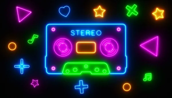 Illustration Einer Audiokassette Retro Neon Über Dunklem Hintergrund Abstrakter Hintergrund — Stockfoto