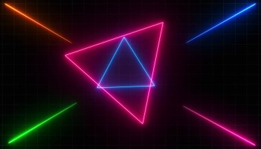 Gökkuşağı renklerinde parlayan neon üçgenler ve çizgiler - soyut arkaplan
