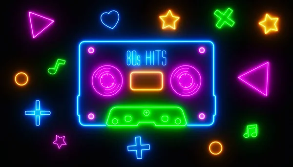Illustration Einer Audiokassette Retro Neon Über Dunklem Hintergrund Abstrakter Hintergrund — Stockfoto