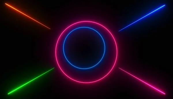 Illustration Von Leuchtenden Neonkreisen Und Linien Regenbogenfarben Abstrakter Hintergrund — Stockfoto