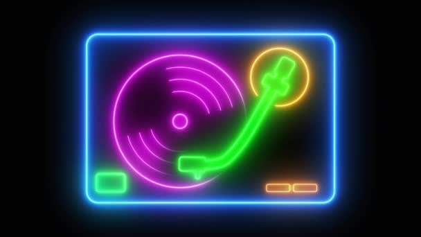 Video Animatie Van Een Draaitafel Retro Neon Geanimeerd Een Donkere — Stockvideo