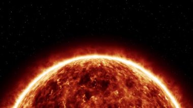 Siyah uzayın arka planında yıldızlarla plazma hareketi yapan güneş atmosferinin video animasyonu. Yakın çekim - güneş atmosferi - uzay - atmosfer - görüntü
