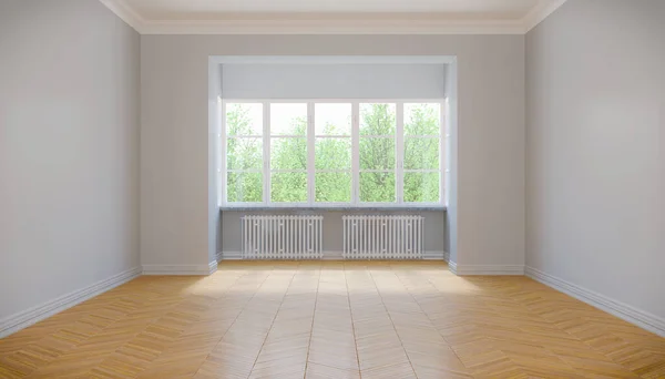 Rendering Empty Free Scandinavian Apartment Large Windows Parquet Floor — Stock Photo, Image