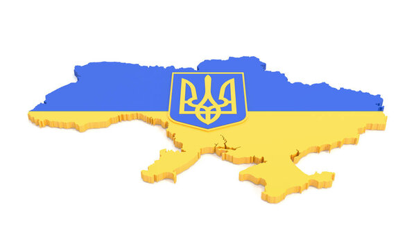 3d render silhouette of Ukraine in national colors of Ukraine and coat of arms on white background