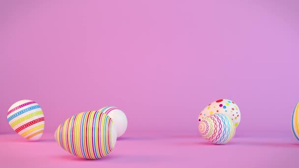 Vídeo Animación Siete Coloridos Huevos Pascua Pintados Sobre Fondo Rosa — Vídeos de Stock
