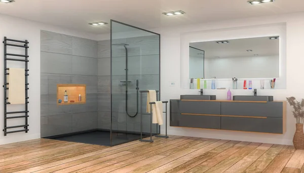 Återgivning Ett Modernt Badrum Med Ett Stort Duschkabin Två Handfat — Stockfoto