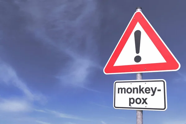 Απόδοση Ενός Σήματος Κυκλοφορίας Μήνυμα Monkeypox Στο Παρασκήνιο Ένα Γκρίζο — Φωτογραφία Αρχείου