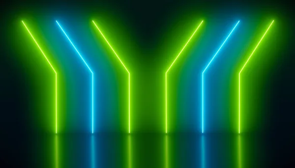 Illustration Von Leuchtenden Leuchtlinien Grün Und Blau Auf Reflektierendem Boden — Stockfoto