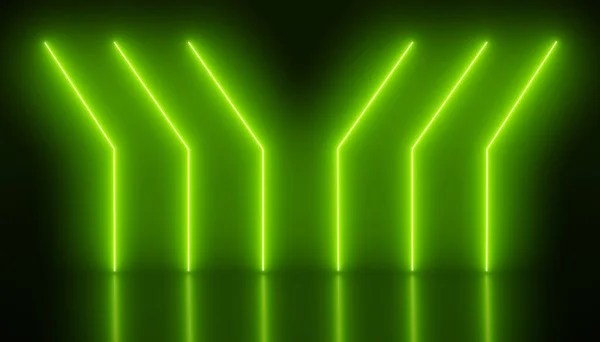 Illustation of glowing neon lines in green on reflecting floor. - Abstract background