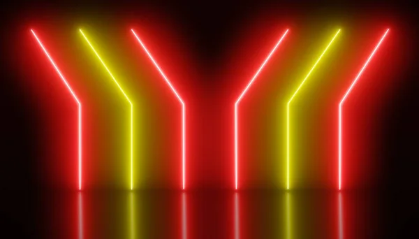 Illustation of glowing neon lines in red and yellow on reflecting floor. - Abstract background