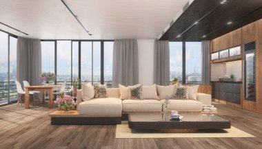 3d rendering of a modern loft, with an open kitchen, dining table, living room with a couch