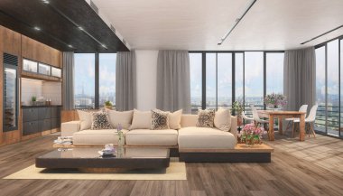 3d rendering of a modern loft, with an open kitchen, dining table, living room with a couch