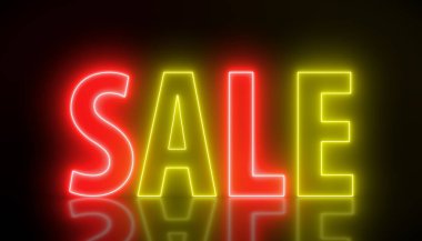 Illustation of glowing neon sign with message, sale in red and orange on reflecting floor. - Abstract background