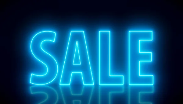 Illustation of glowing neon sign with message, sale in blue on reflecting floor. - Abstract background