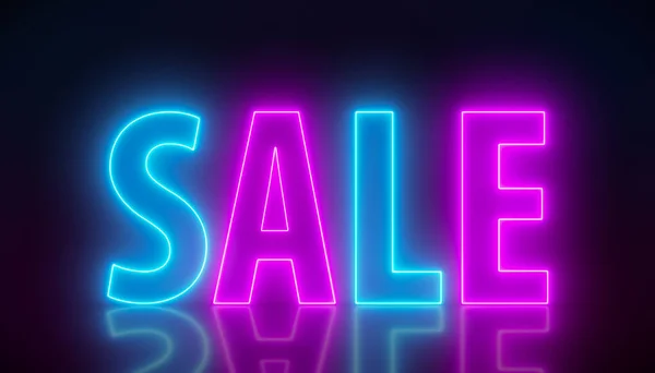 Illustation of glowing neon sign with message, sale in blue and magenta on reflecting floor. - Abstract background