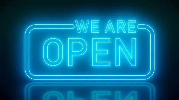 Illustation Glowing Neon Sign Message Open Blue Reflecting Floor Abstract — Stock fotografie