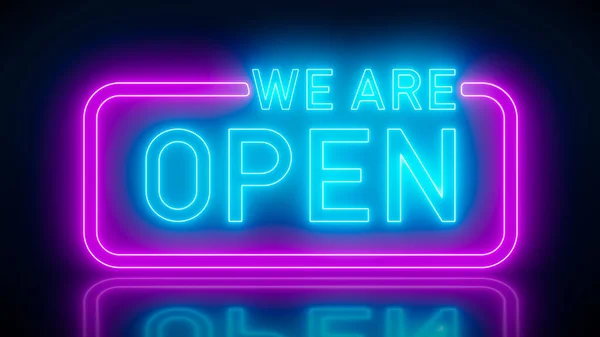 Illustation of glowing neon sign with message, we are open in blue and magenta on reflecting floor. - Abstract background