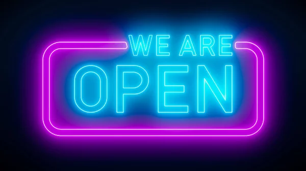 Illustation of glowing neon sign with message, we are open in blue and magenta. - Abstract background