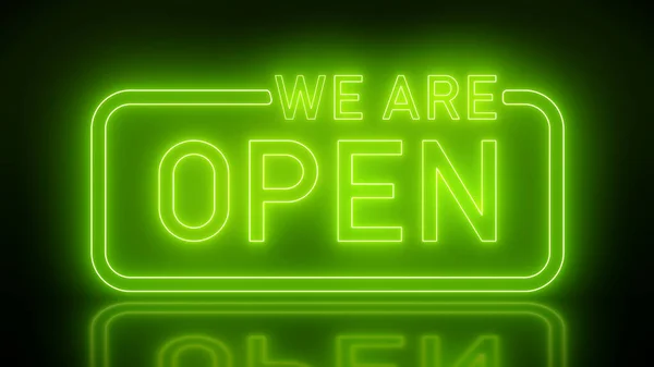 Illustation of glowing neon sign with message, we are open in green on reflecting floor. - Abstract background