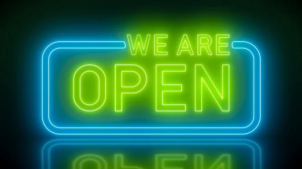 Illustation of glowing neon sign with message, we are open in green and blue on reflecting floor. - Abstract background