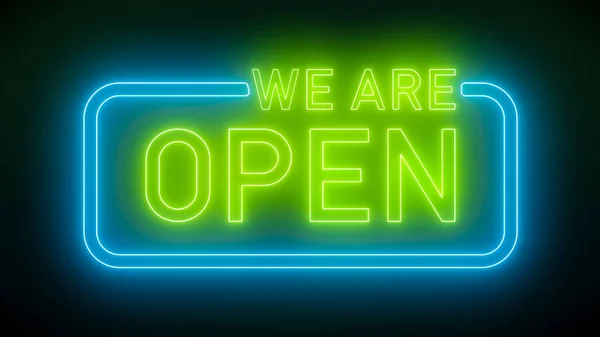 Illustation Glowing Neon Sign Message Open Green Blue Abstract Background — Stock fotografie