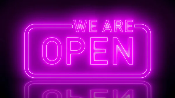 Illustation Glowing Neon Sign Message Open Magenta Reflecting Floor Abstract — 图库照片