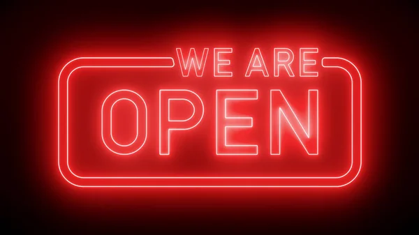 Illustation of glowing neon sign with message, we are open in red. - Abstract background