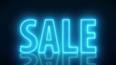 Video animation of glowing neon sign with message, sale in blue on reflecting floor. - Abstract background - seamless loop