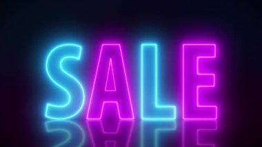 Video animation of glowing neon sign with message, sale in blue and magenta on reflecting floor. - Abstract background - seamless loop