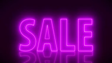 Video animation of glowing neon sign with message, sale in magenta on reflecting floor. - Abstract background - seamless loop