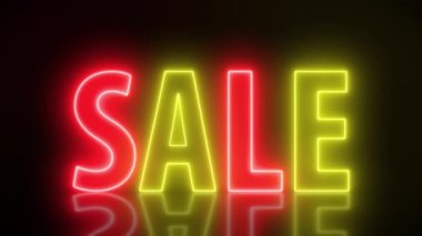 Video animation of glowing neon sign with message, sale in red and orange on reflecting floor. - Abstract background - seamless loop