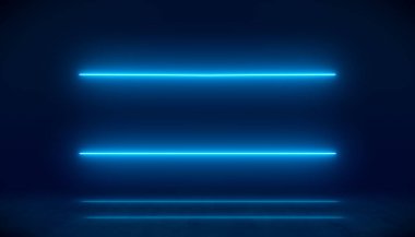 Yansıyan zeminde maviler içinde parlayan neon çizgilerin çizimi. - Soyut arkaplan