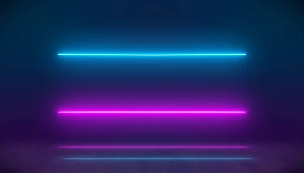 Ilustracja Świecących Linii Neonowych Kolorze Niebieskim Magenta Podłodze Odbijającej Światło — Zdjęcie stockowe