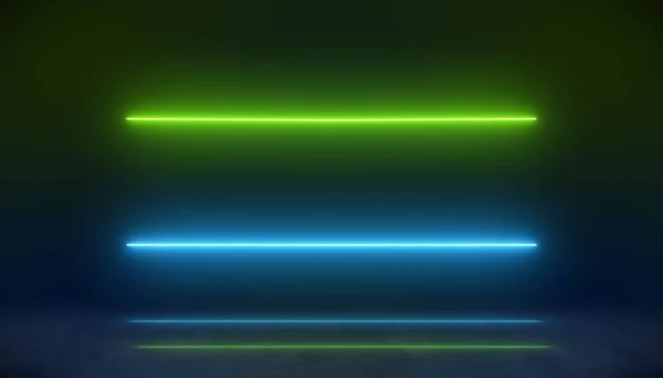 Illustation of glowing neon lines in green and blue on reflecting floor. - Abstract background