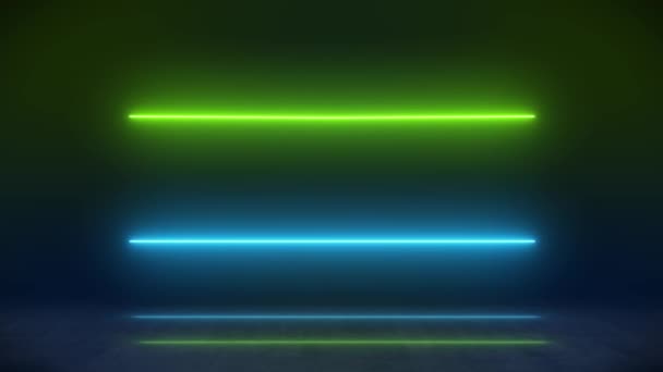 Yansıyan Zeminde Yeşil Mavi Renkli Parlayan Neon Çizgilerin Video Animasyonu — Stok video