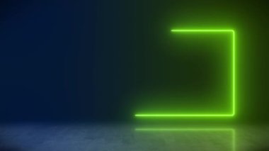 Video animation of glowing neon rectangle in green and blue on reflecting floor. - Abstract background - seamless loop