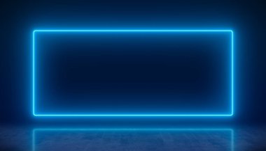 Illustation of glowing neon rectangle in blue on reflecting floor. - Abstract background
