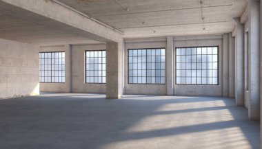 3d render - empty open plan office - office building - factory building
