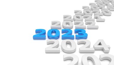 Beyaz arka planda farklı yılların üç boyutlu canlandırması. 2023 yılına odaklanıyoruz. Yeni yılı temsil ediyor..