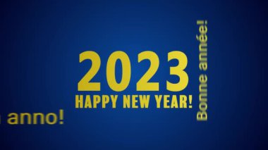Bir kelime bulutunun video animasyonu mavi arkaplan üzerinde altın renkli ve farklı dillerde yeni yıl 2023 'ü temsil ediyor.