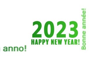 Beyaz arka plan ve farklı dillerde mutlu bir yeni yıl mesajı içeren bir kelime bulutunun video animasyonu 2023 yılını temsil ediyor.